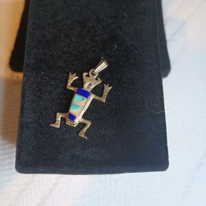 VINTAGE Handcrafted Frog  Pendant Southwestern Style Multi Stone Inlay 925